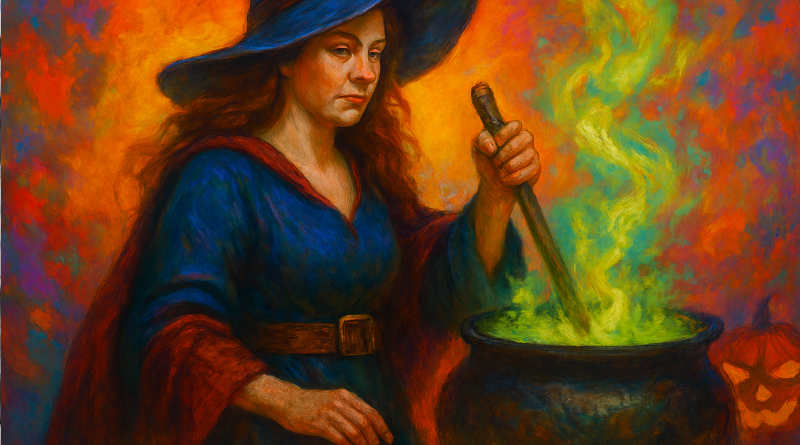 Bruja con caldero en la edad media