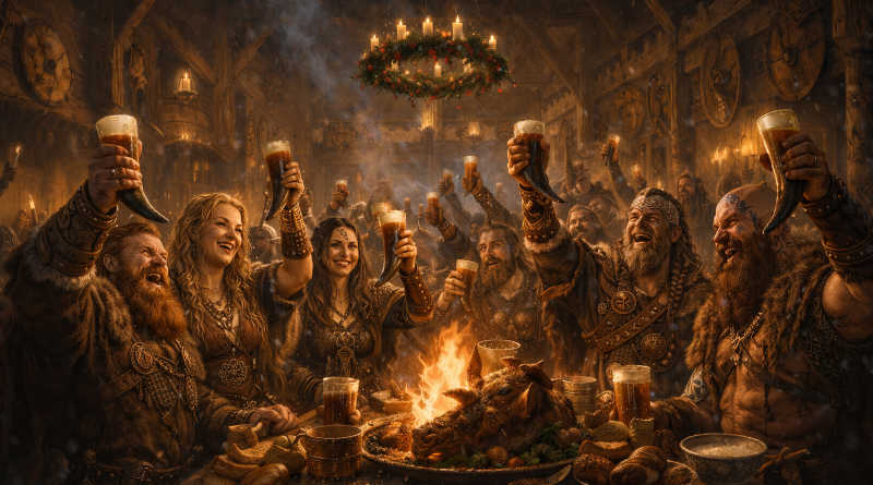 Vikingos celebrando Yule con hidromiel